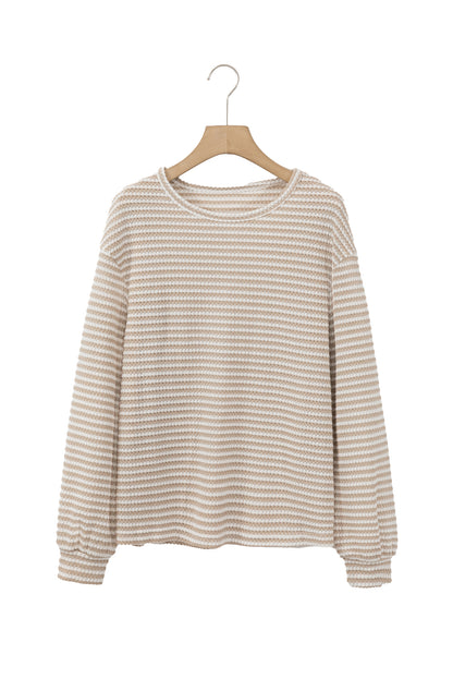 Khaki Stripe Round Neck Drop Shoulder Long Sleeve Top