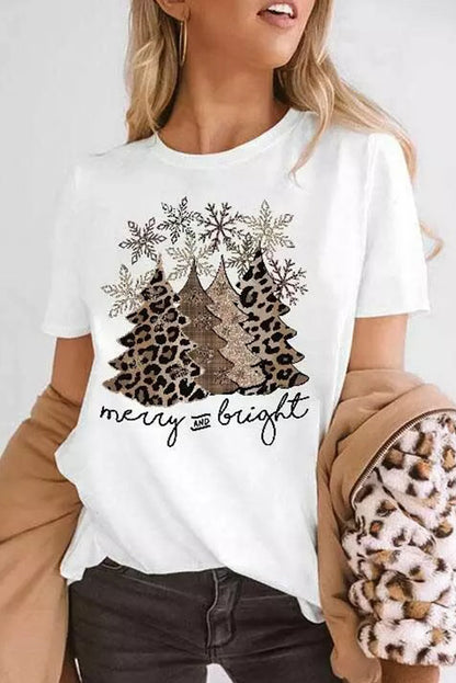 Leopard Christmas Tree Casual Crew Neck Graphic Tee