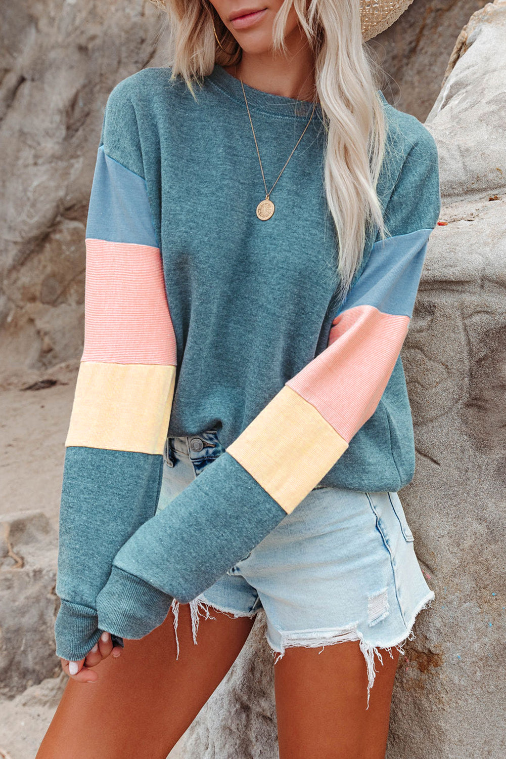 Grey Casual Color Block Drop Sleeve Sweatshirt