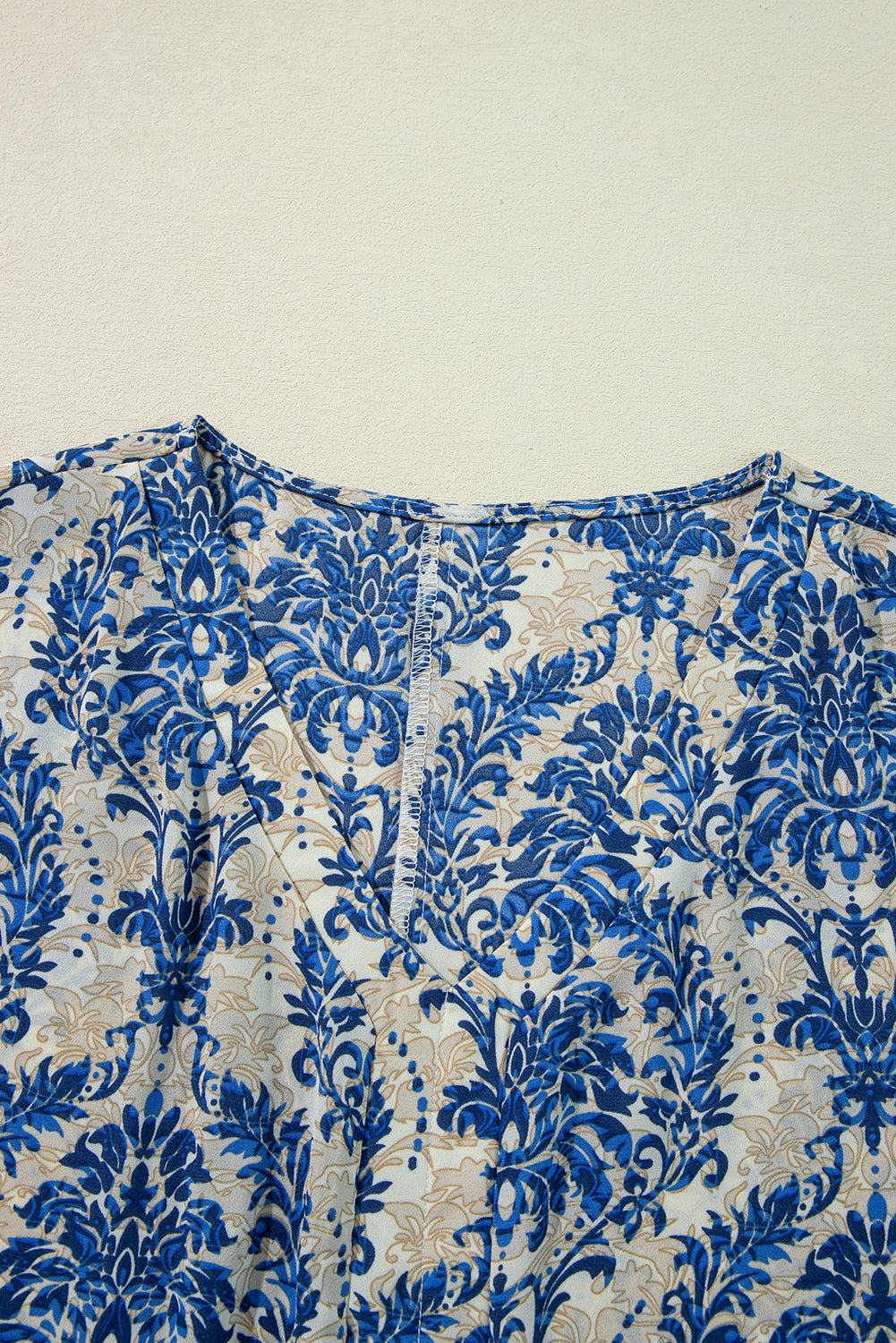 Blue Ethnic Print 3/4 Sleeve V Neck Plus Size Blouse