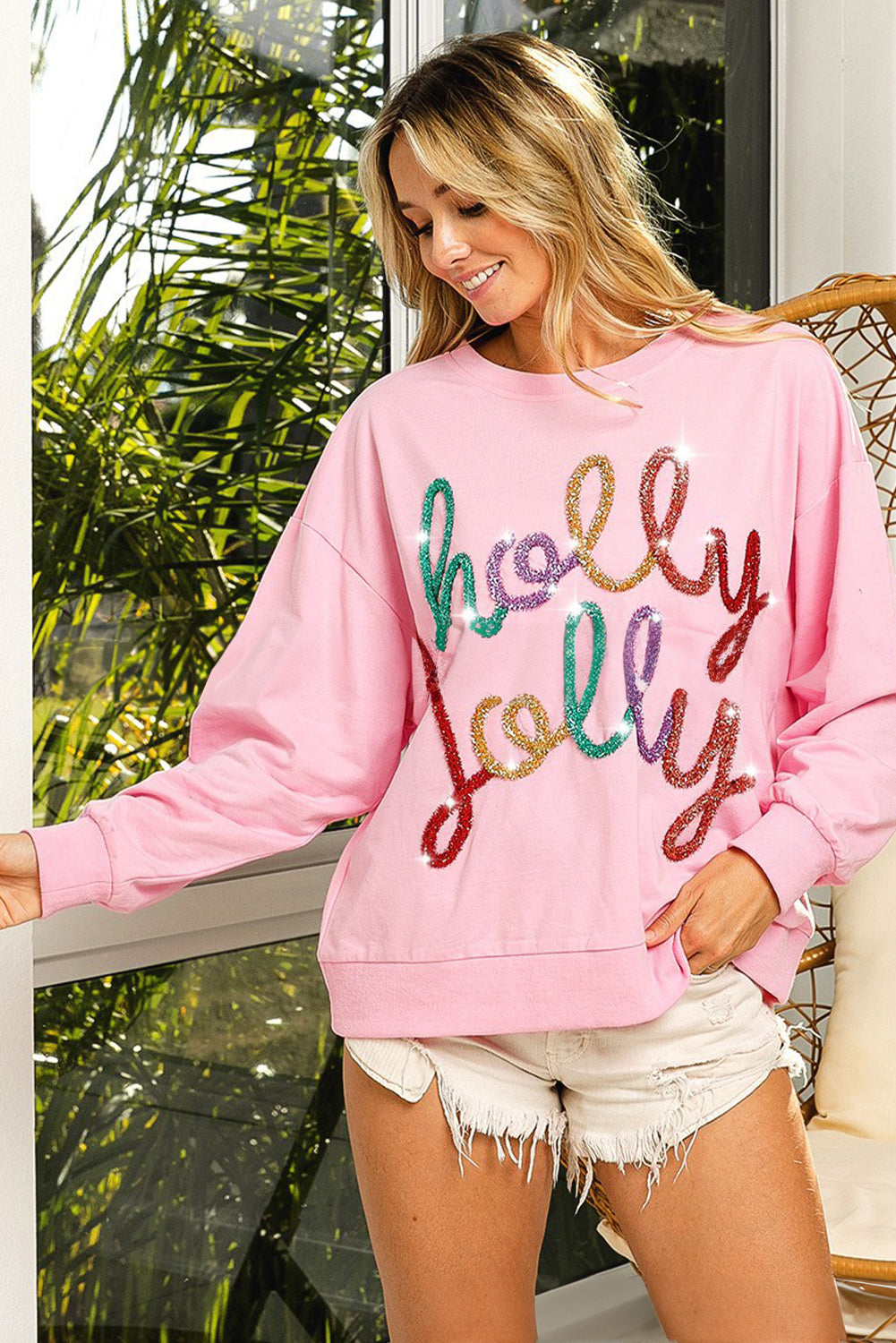 Pink Holly Jelly Round Neck Casual Pullover Sweatshirt