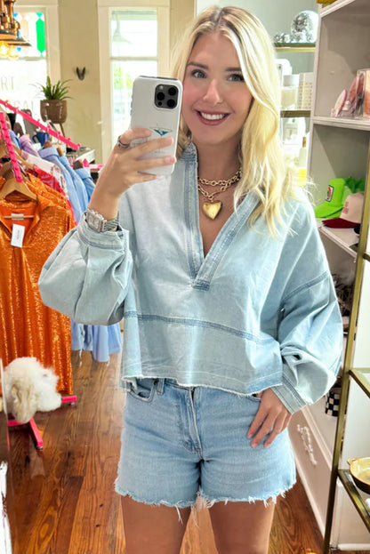 Light Wash Puff Sleeve V Neck Denim Blouse