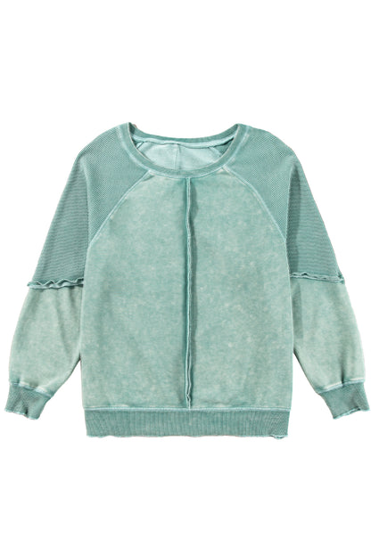 Orchid Petal Waffle Patchwork Raglan Sleeve Exposed Seam Sweatshirt