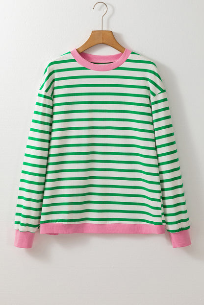 Bright Green Striped Contrast Trim Long Sleeve Top