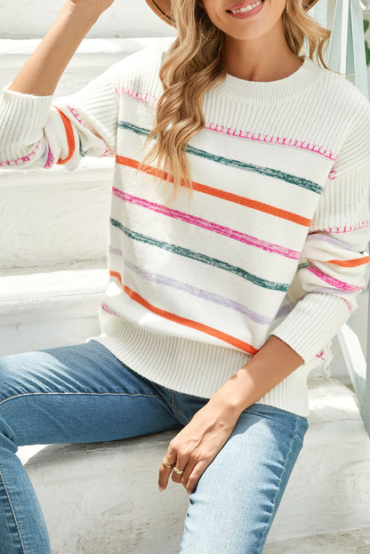 White Colorful Striped Ribbed Trim Round Neck Sweater