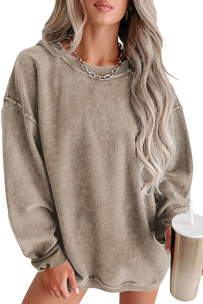 Ribbed Round Neck Drop Sleeve Pullover Sweatshirt