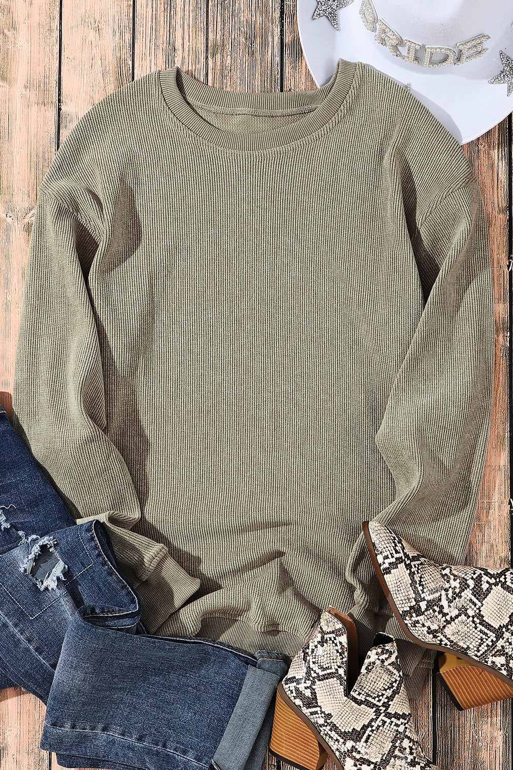 Ribbed Round Neck Drop Sleeve Pullover Sweatshirt