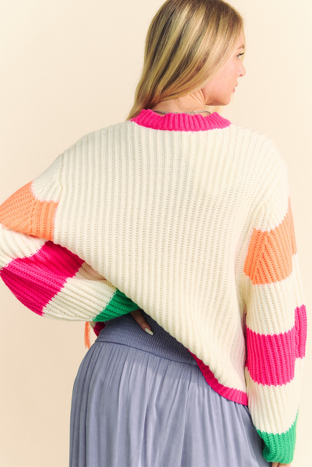 Flower Colorblock Puff Sleeve Sweater