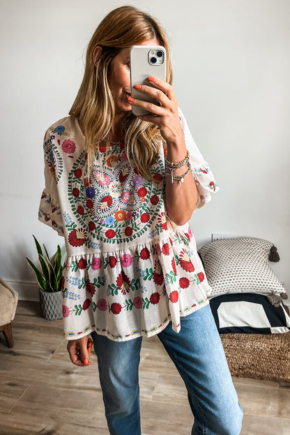 White Boho Floral Bell Sleeve Peplum Blouse