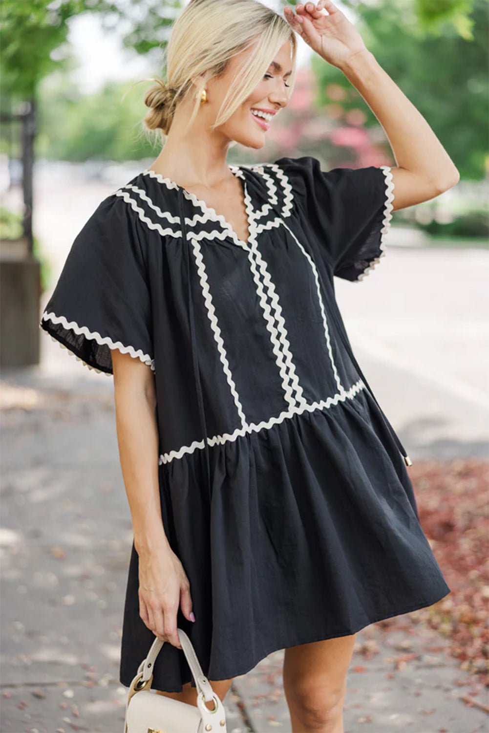 Black V Neck Ricrac Detail Bell Sleeve Mini Dress