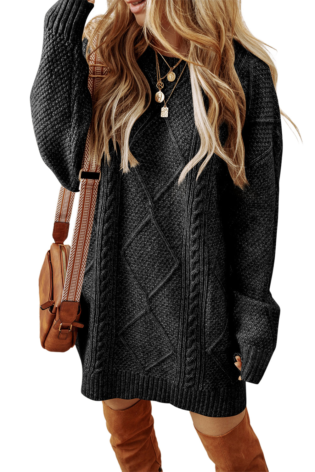 Parchment Twist Cable Knit Drop Shoulder Loose Fit Sweater Dress