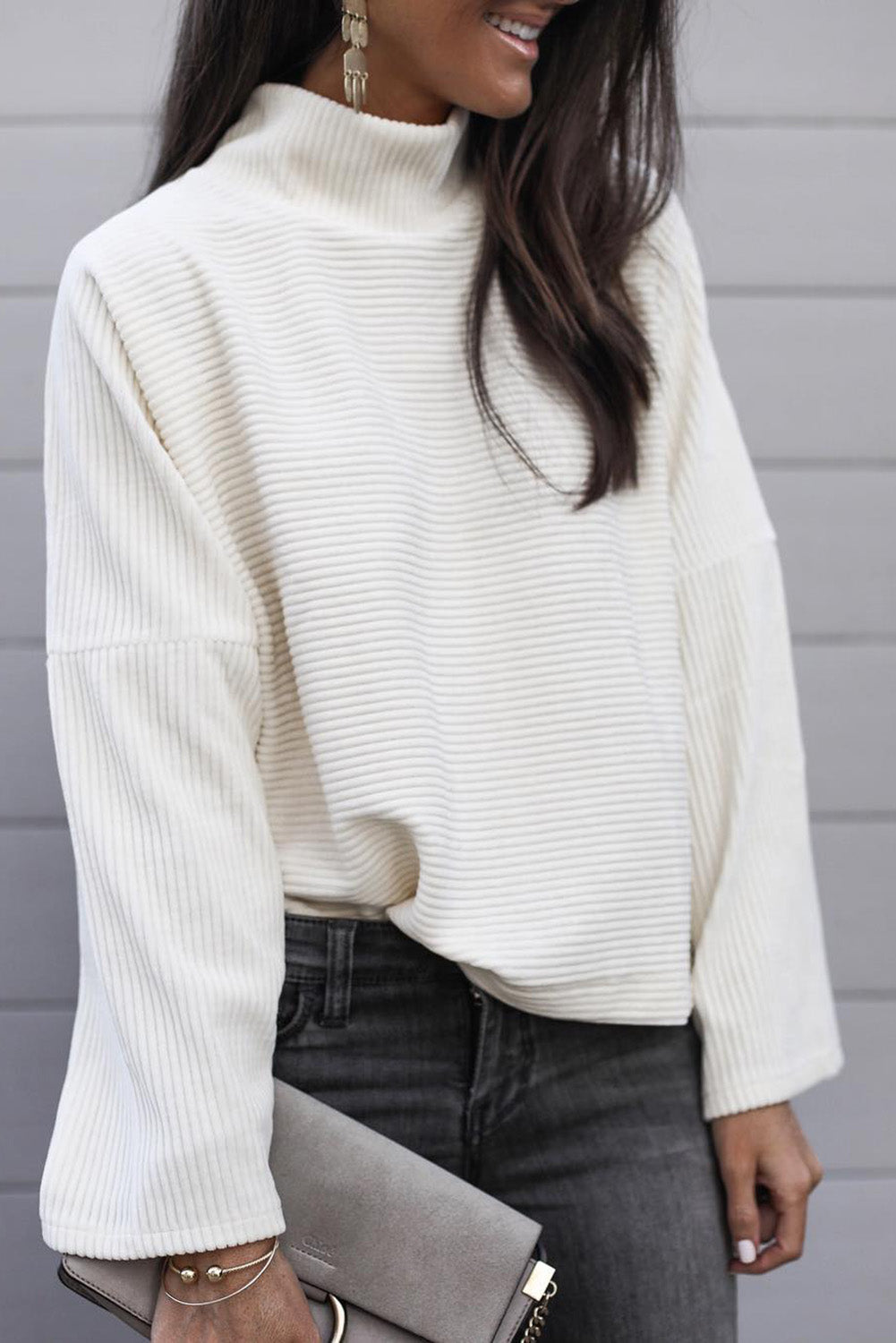 Mock Neck Drop Shoulder Ribbed Top