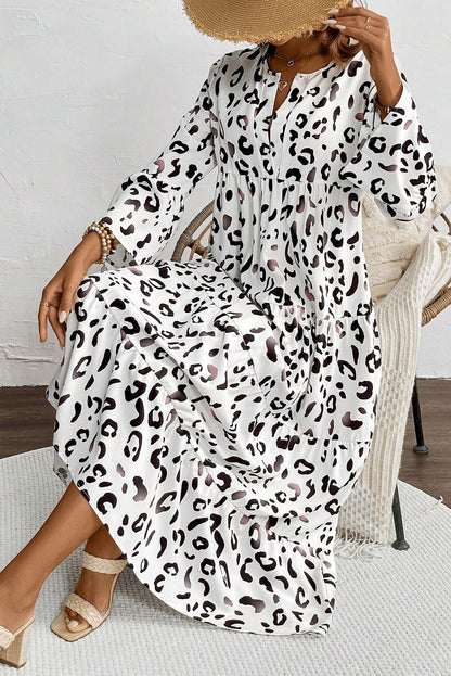 Leopard Print Notch V Neck Loose Fit Maxi Dress