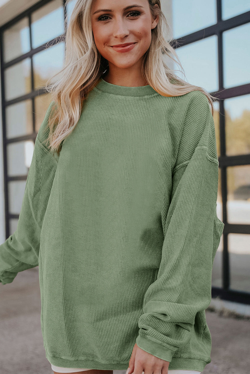 Plain Drop Sleeve Crinkle Rib Oversized Sweatshirt