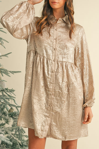 Metallic Sheen Puff Sleeve Button Up Mini Shirt Dress