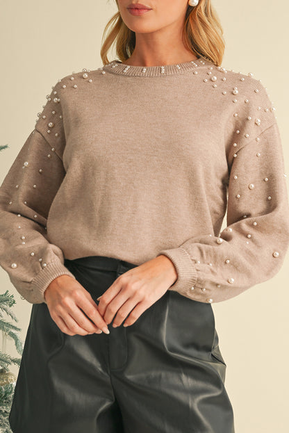 Smoke Gray Pearl Drop Shoulder Round Neck Sweater