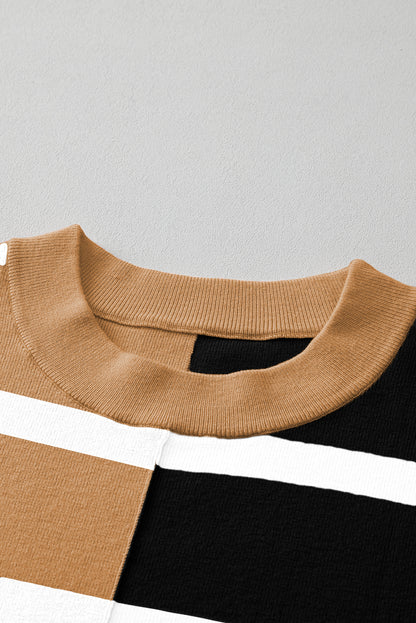 Light Beige Striped Colorblock Drop Shoulder Sweater