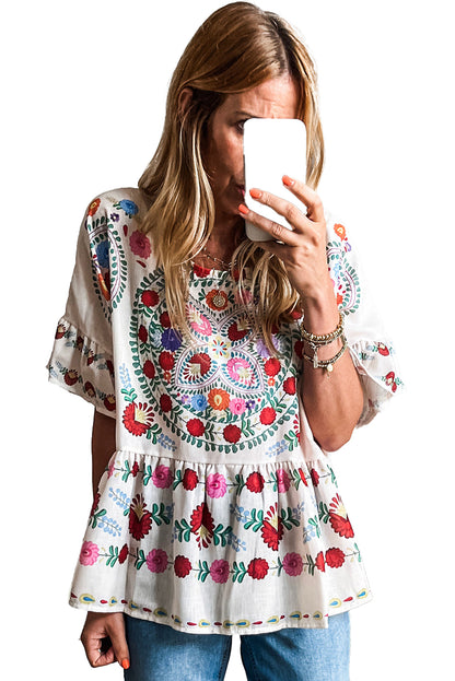 White Boho Floral Bell Sleeve Peplum Blouse