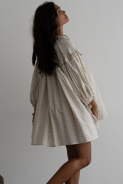 White Plaid Frill Detail Flowy Mini Dress