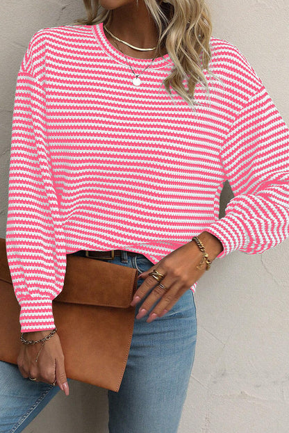 Khaki Stripe Round Neck Drop Shoulder Long Sleeve Top