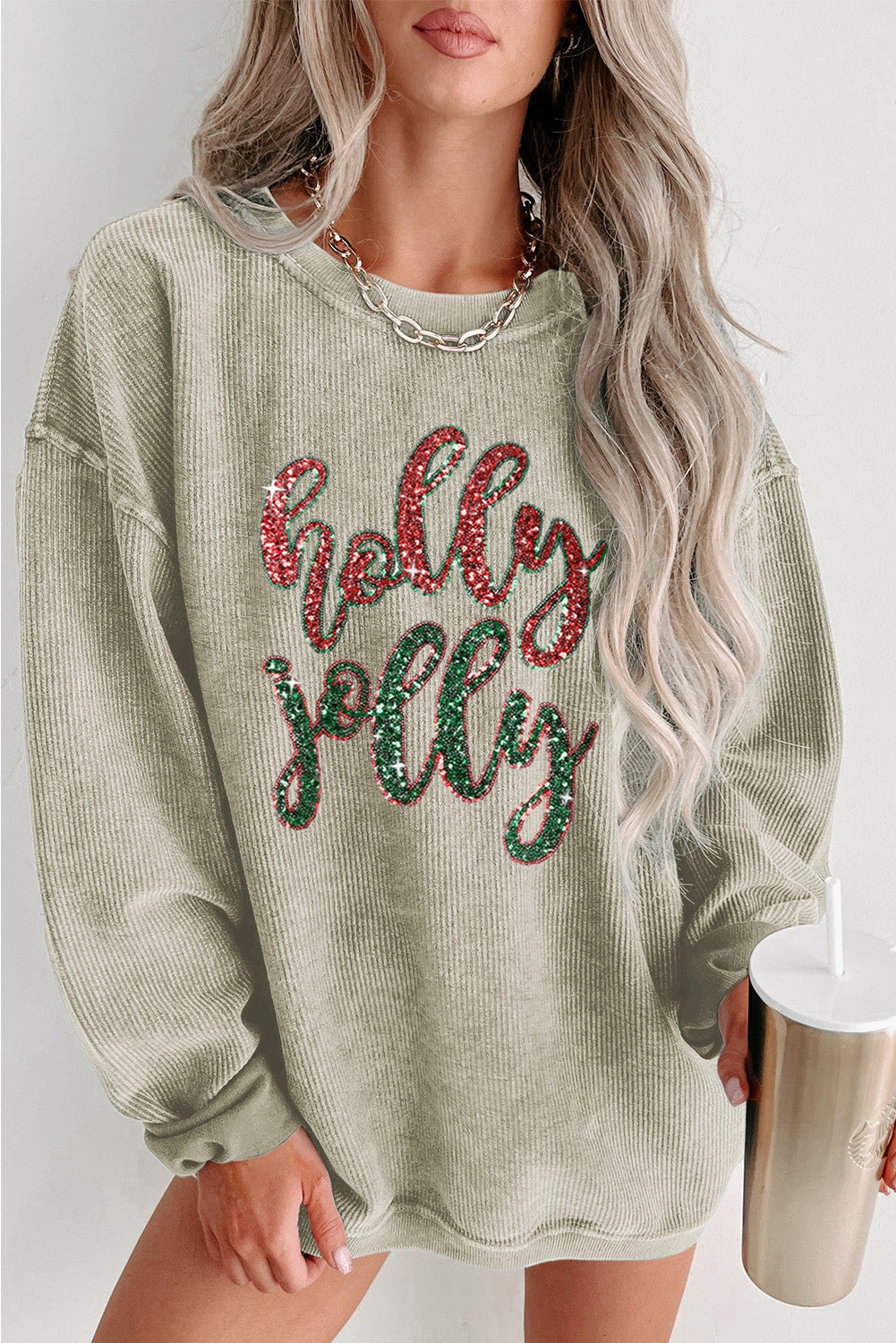 Green Crinkle Rib Christmas Tree Sequin Graphic Sweatshirt