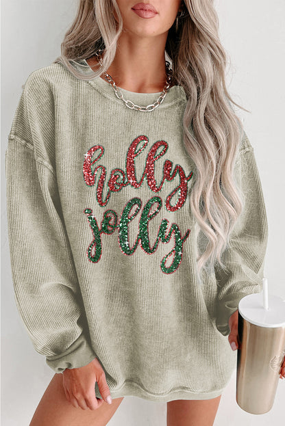 Green Crinkle Rib Christmas Tree Sequin Graphic Sweatshirt