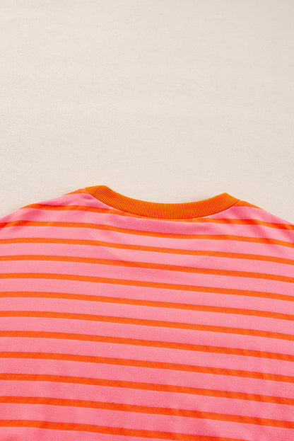 Orange Stripe Drop Shoulder Crew Neck Loose Sweatshirt