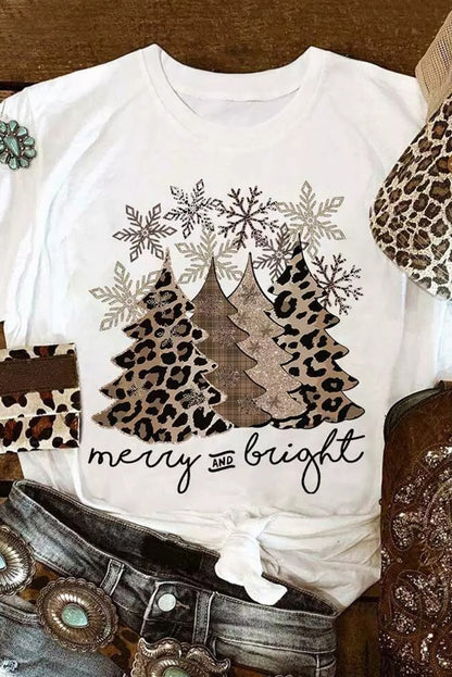 Leopard Christmas Tree Casual Crew Neck Graphic Tee