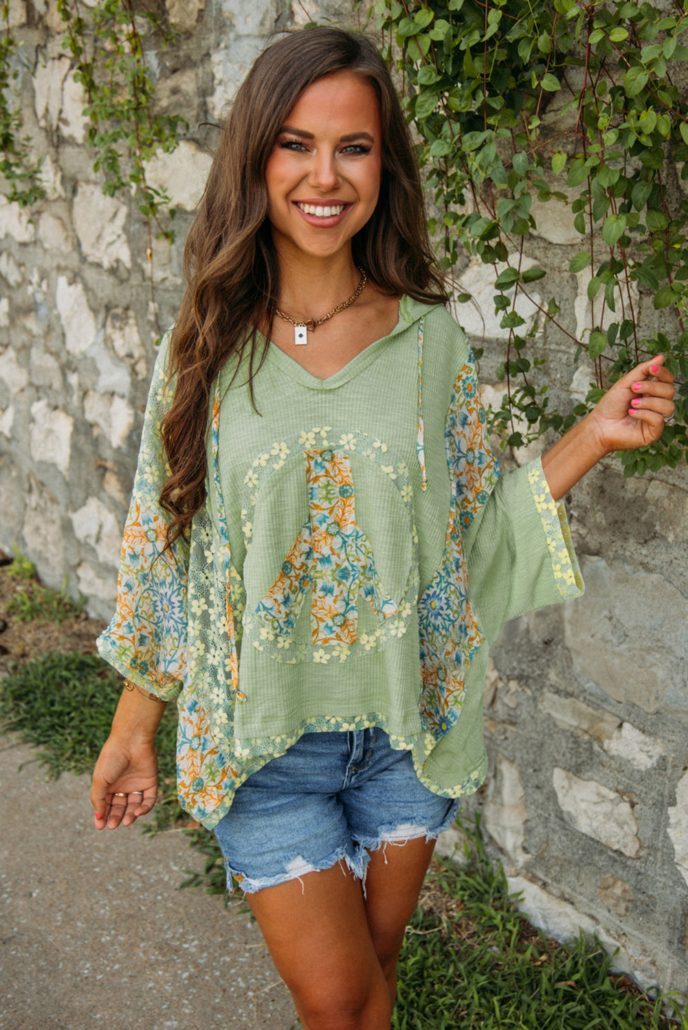 Clearly Aqua Floral Patchwork V Neck Batwing Sleeve Ribbed Top