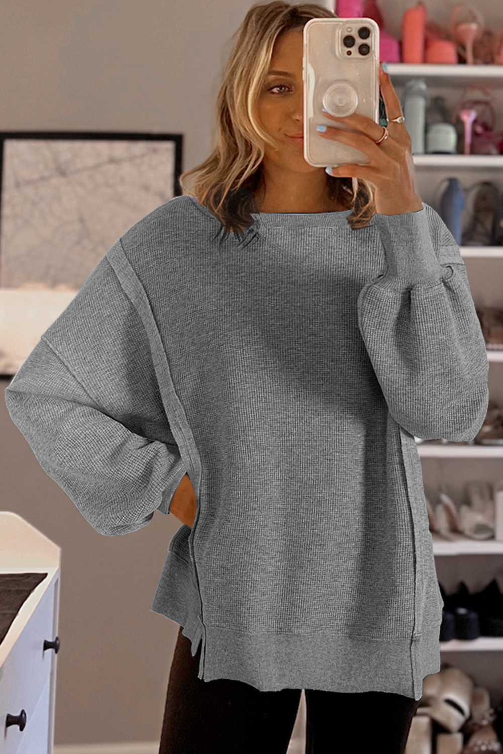 White Waffle Bishop Sleeve Split Oversized Sweatshirt