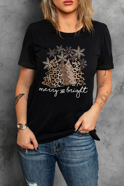 Leopard Christmas Tree Casual Crew Neck Graphic Tee