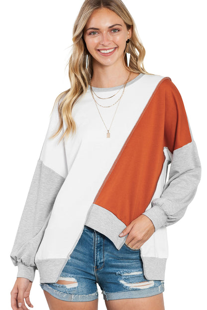 Khaki Colorblock Stitching Irregular Hem Long Sleeve Top