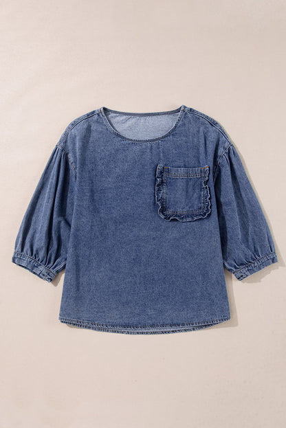 Sky Blue Frill Trim Puff Sleeve Pocket Denim Blouse