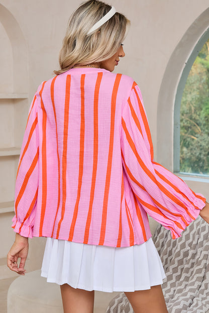 Sky Blue Stripe Crinkle Ruffle Sleeve Loose Blouse