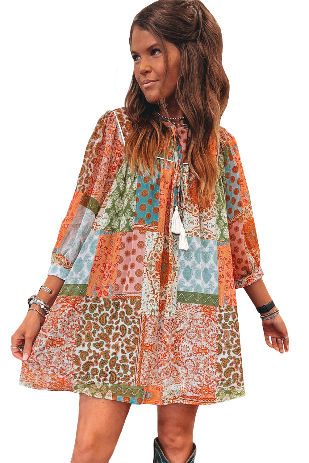 Boho Paisley Mixed Print 3/4 Sleeve Chiffon Loose Dress