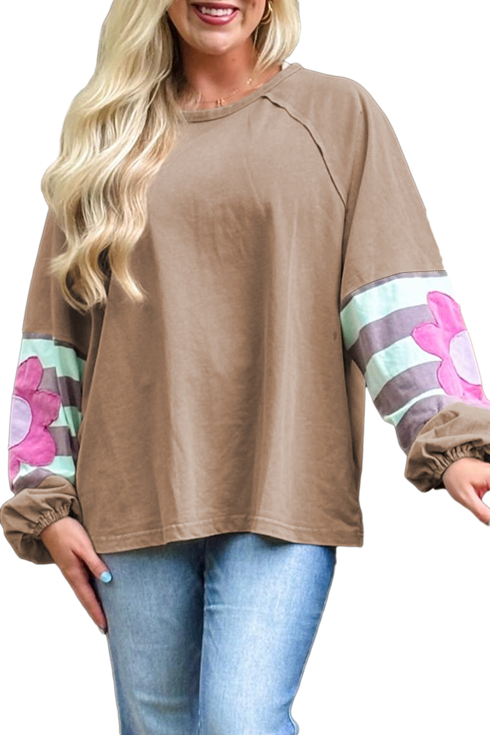 Flower Striped Patchwork Sleeve Plus Size Sweatshirt