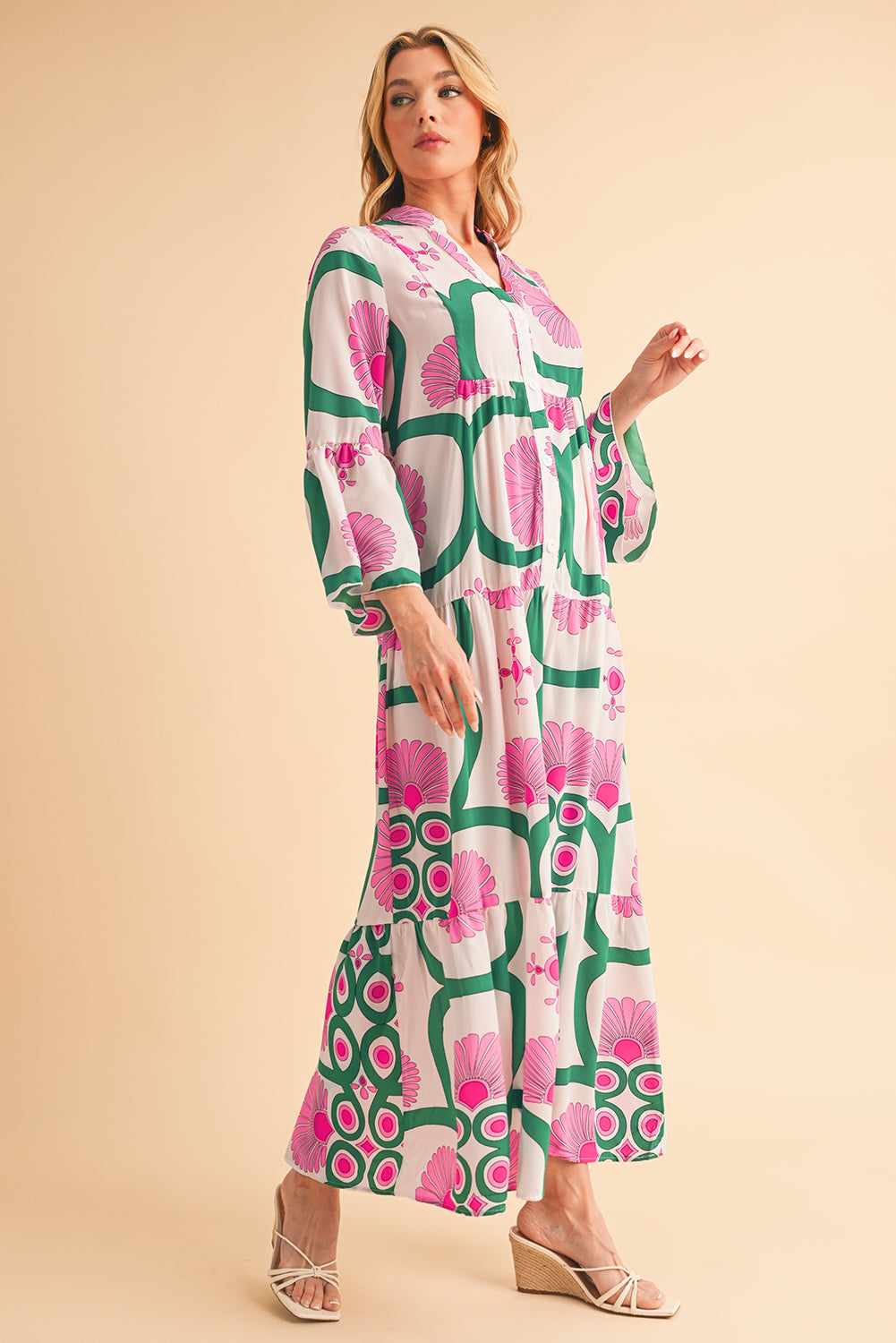 Boho Abstract Button V Neck Oversized Maxi Dress