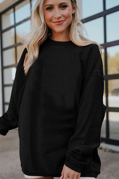 Plain Drop Sleeve Crinkle Rib Oversized Sweatshirt