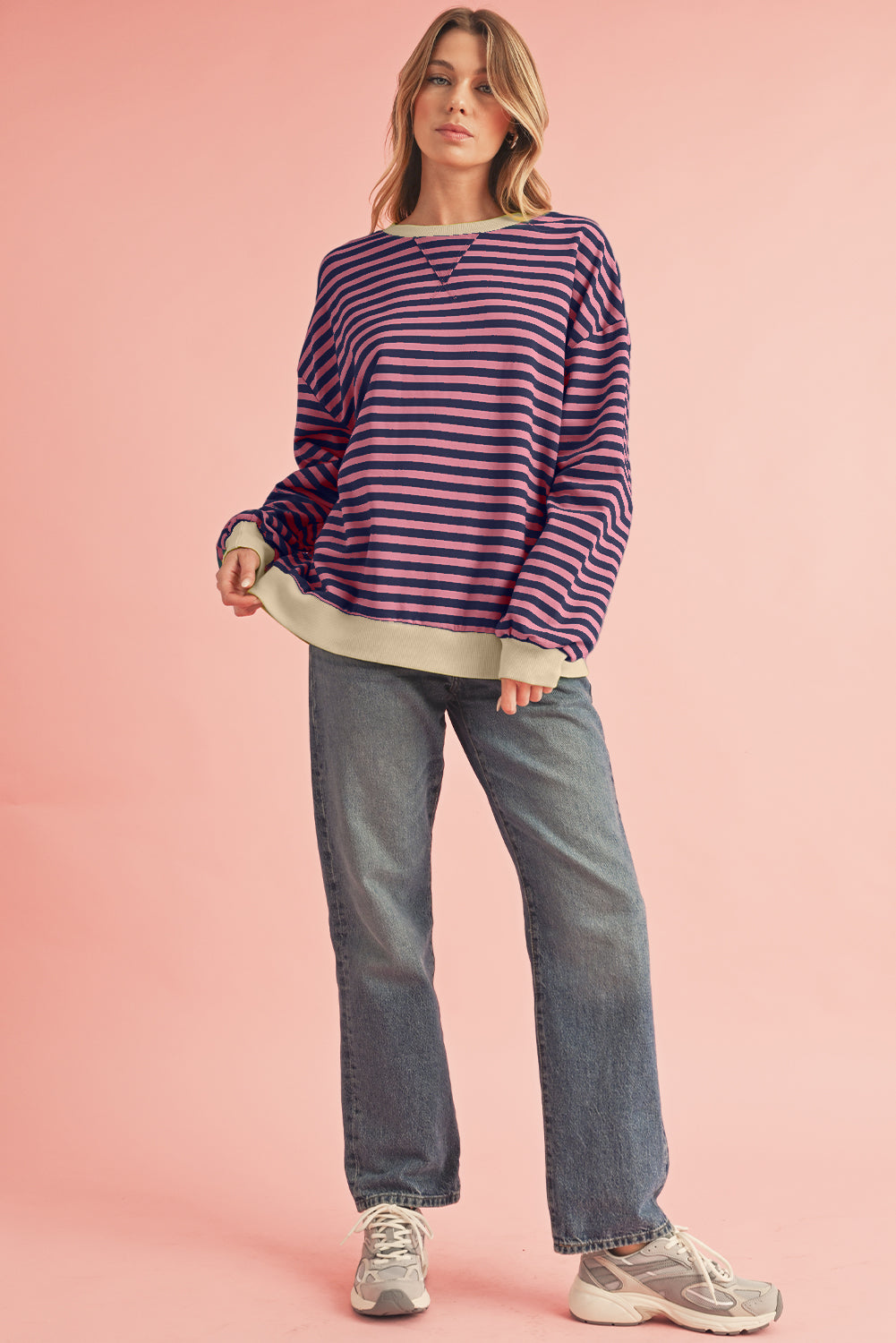 Green Stripe Contrast Edge Oversized Sweatshirt