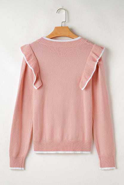 Light Pink Bow Detail Contrast Trim Ruffle Sweater