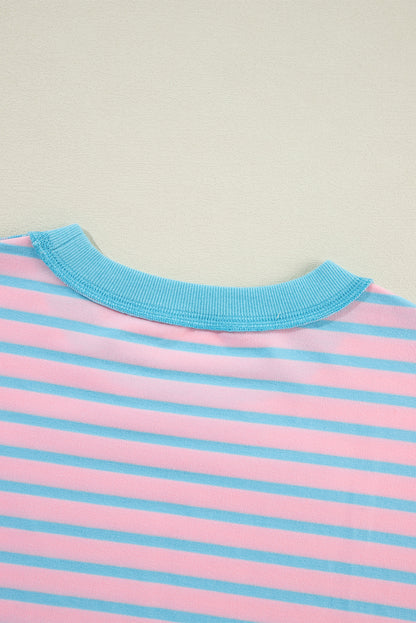 Pink Stripe Contrast Trim High Low Tunic Sweatshirt