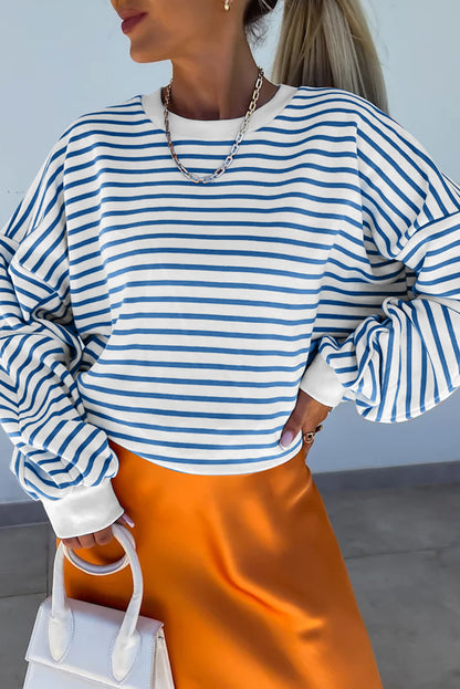 Orange Stripe Drop Shoulder Crew Neck Loose Sweatshirt