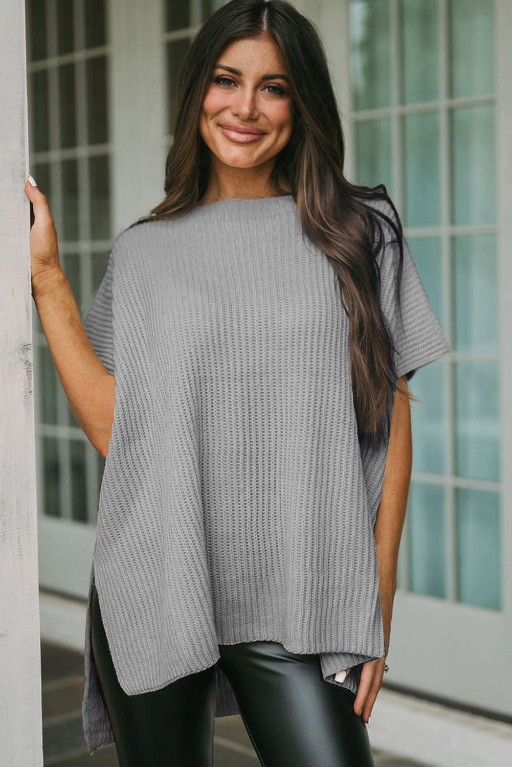 Side Slit Short Sleeve Oversized Sweater