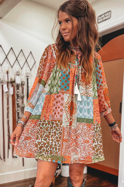 Boho Paisley Mixed Print 3/4 Sleeve Chiffon Loose Dress