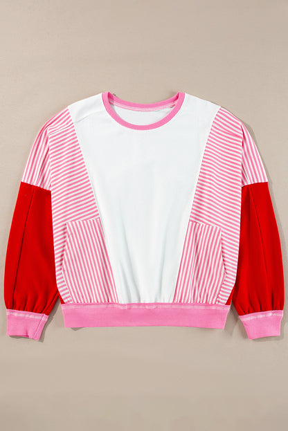 Rose Red Striped Patchwork Side Pocket Loose Sweatshirt