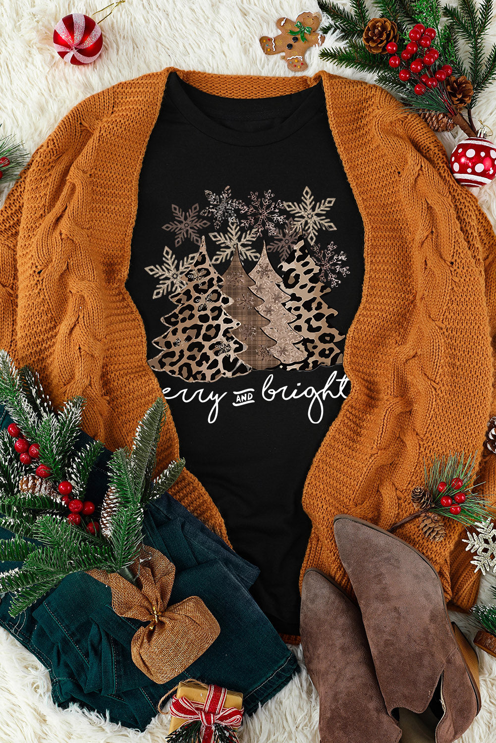 Leopard Christmas Tree Casual Crew Neck Graphic Tee