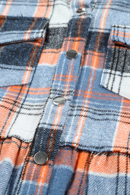 Multicolor Plaid Snap Button Casual Raw Hem Shirt Shacket