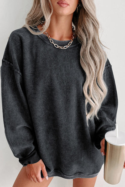 Ribbed Round Neck Drop Sleeve Pullover Sweatshirt