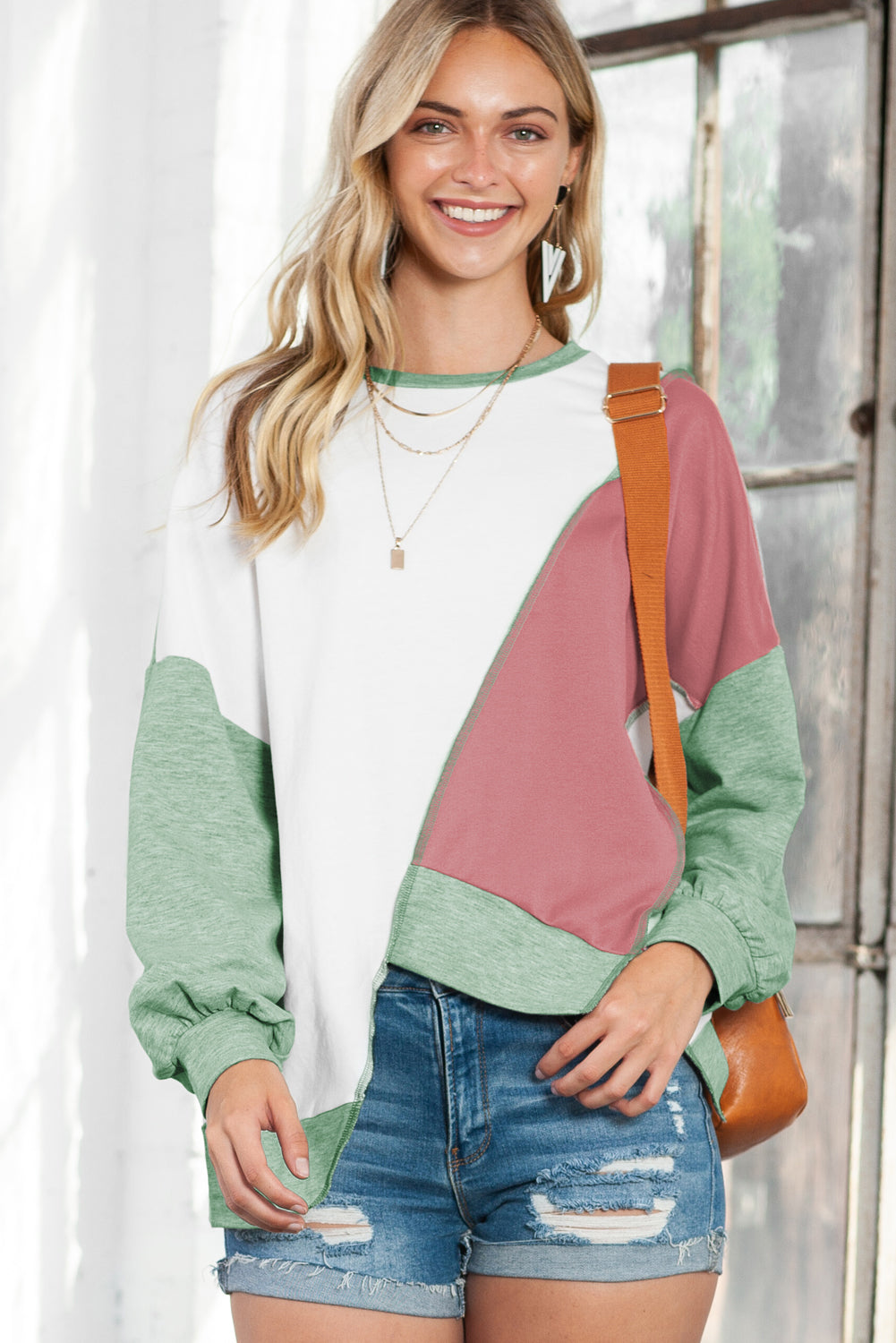 Khaki Colorblock Stitching Irregular Hem Long Sleeve Top