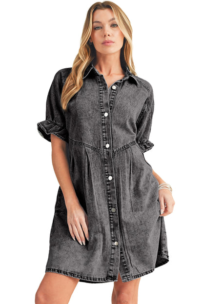 Medium Grey Mineral Washed Ruffled Short Sleeve Pocketed Denim Dress